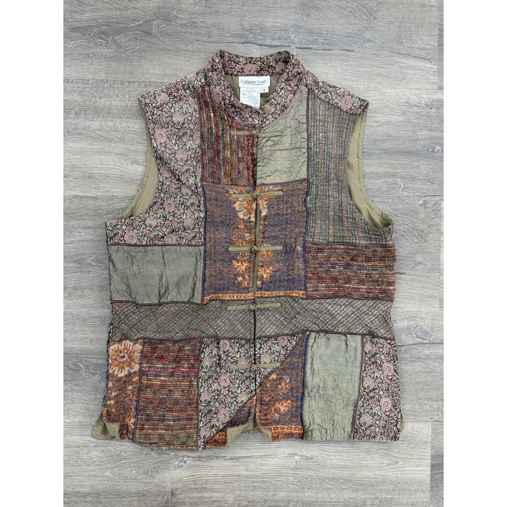 Coldwater Creek Patchwork Tapestry Vest bohemian grannycore VTG Silk Small